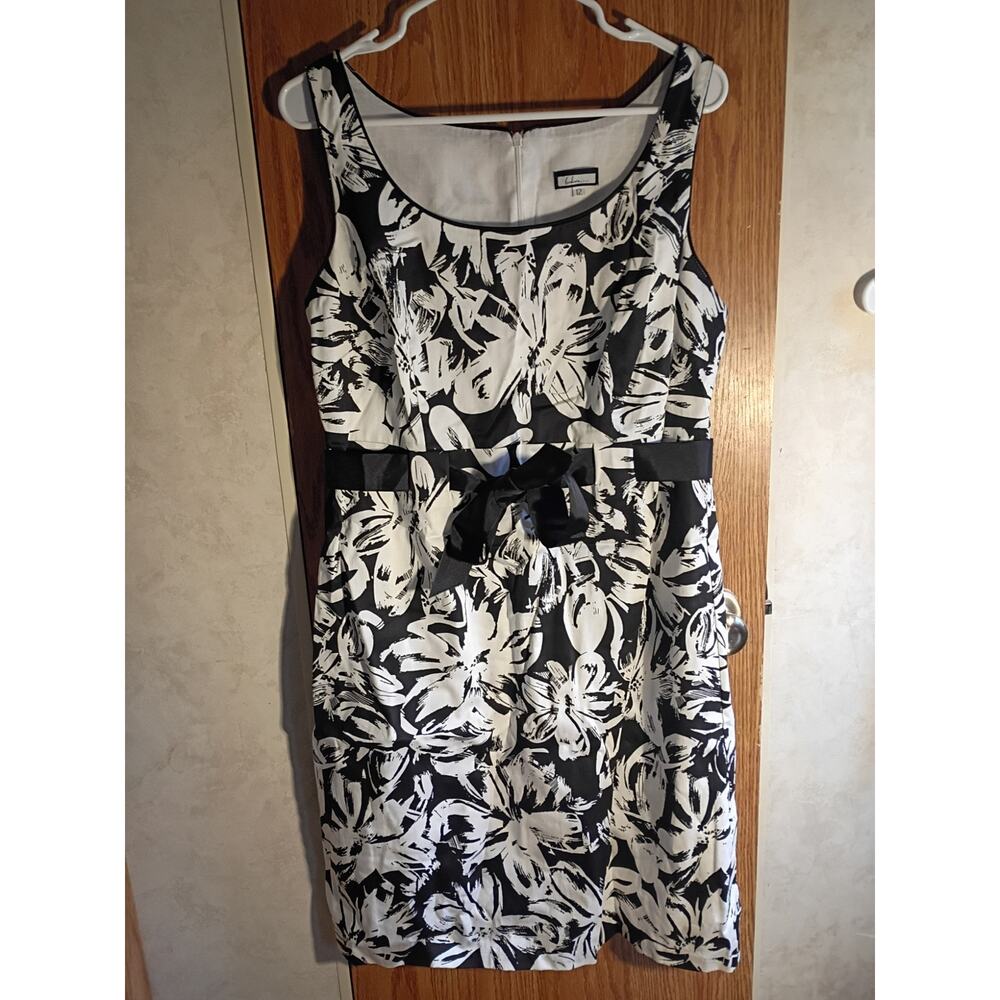Vintage 90s Black Ivory Floral Sheath Dress Cottage Dark Floral Bow Waist USA M